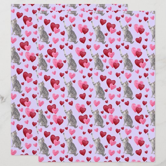Cat Hearts Valentines Scrapbook Paper in Purple (正面/裏面)