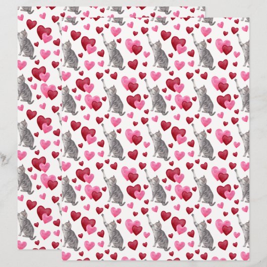 Cat Hearts Valentines Scrapbook Paper in White (正面/裏面)