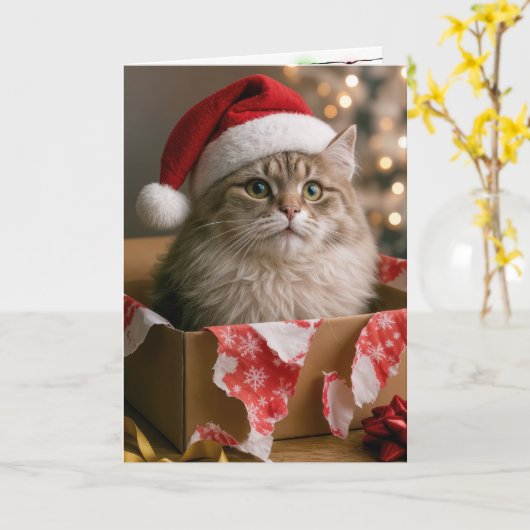 Cat In a Christmas Gift Box カード (黄色い花)