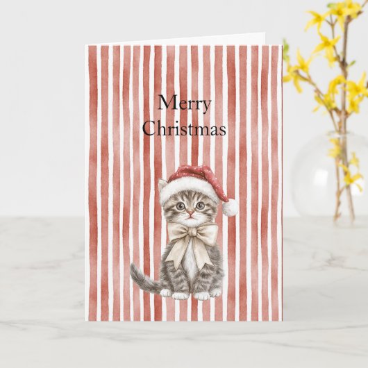 Cat in a hat Red Stripes Christmas  カード (黄色い花)