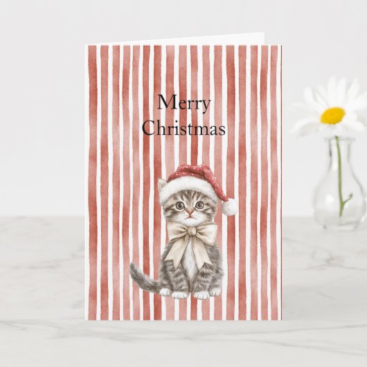 Cat in a hat Red Stripes Christmas  カード (小さな植物)