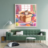 Cat in Cardboard Box | Kitten Watercolor Cat ポスター