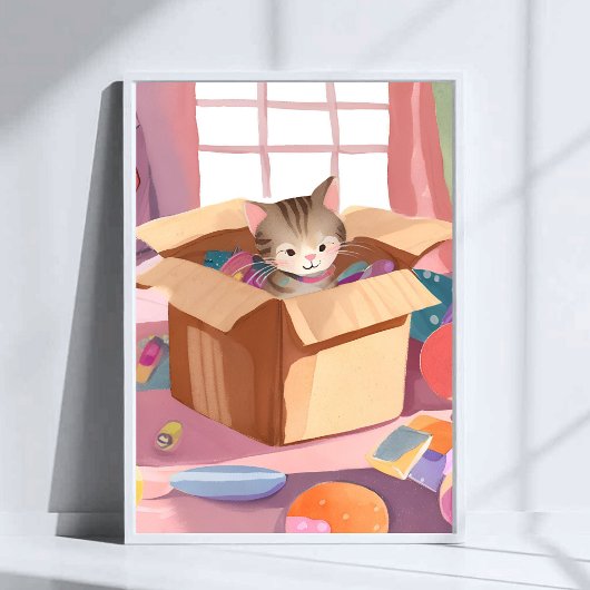 Cat in Cardboard Box | Kitten Watercolor Cat Art ポスター
