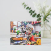 Cat in chef hat cooking with vegetables and fish シーズンポストカード (スタンド正面)