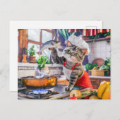 Cat in chef hat cooking with vegetables and fish シーズンポストカード (正面/裏面)