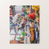 Cat in chef hat cooking with vegetables and fish ジグソーパズル (縦)