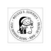 Cat in Christmas Hat Round Address ラバースタンプ (インプリント)