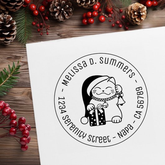 Cat in Christmas Hat Round Address ラバースタンプ