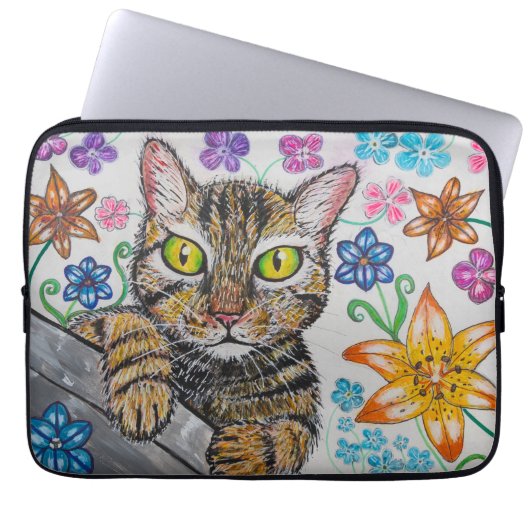 Cat in floral background Electronics Bag ラップトップスリーブ (正面)