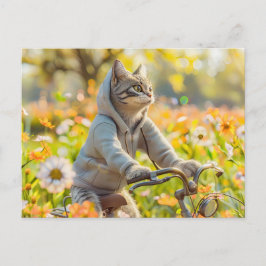 Cat in hoodie cycling across summer meadow シーズンポストカード