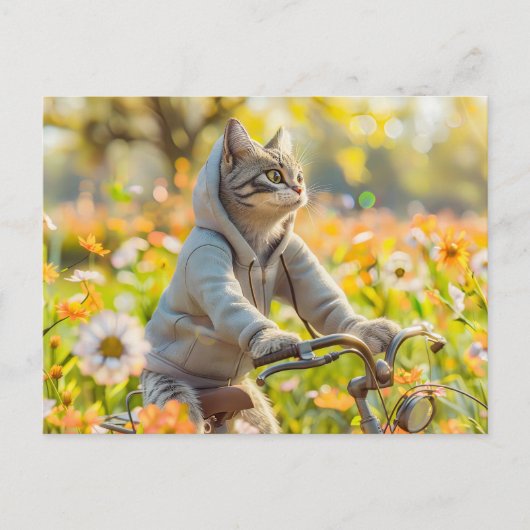 Cat in hoodie cycling across summer meadow シーズンポストカード (正面)