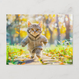 Cat in hoodie jogging through green park シーズンポストカード