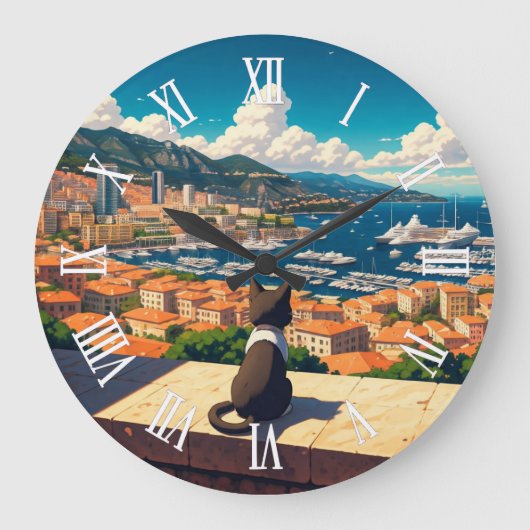 Cat in Monaco Monte Carlo Europe Travel ラージ壁時計 (正面)