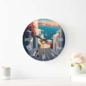 Cat in Mykonos Greece Cyclades Travel Sunset ラージ壁時計 (ホーム)