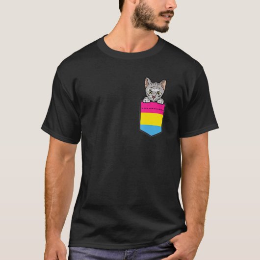 Cat In Pocket Pansexual Pride LGBT-Q Flag Funny Ki Tシャツ (正面)