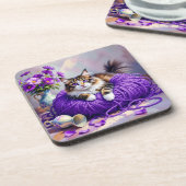 Cat  in Purple Yarn and Flowers   コースター (左側)