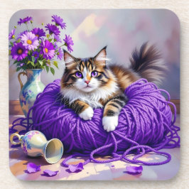 Cat  in Purple Yarn and Flowers   コースター