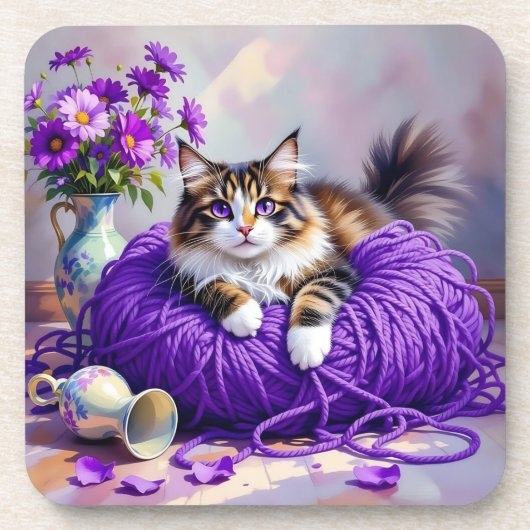 Cat  in Purple Yarn and Flowers   コースター (正面)
