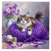 Cat  in Purple Yarn and Flowers   タイル (正面)