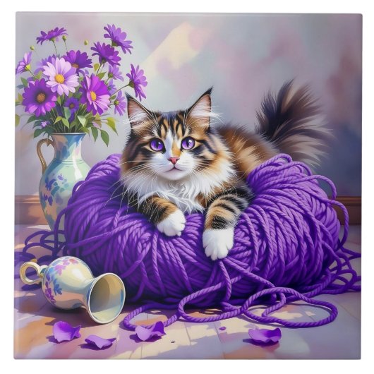 Cat  in Purple Yarn and Flowers   タイル (正面)