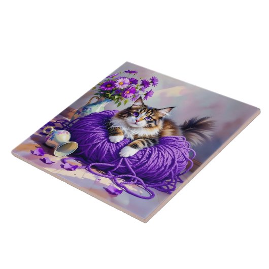 Cat  in Purple Yarn and Flowers   タイル (側面)