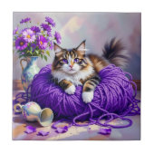 Cat  in Purple Yarn and Flowers   タイル (正面)