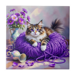 Cat  in Purple Yarn and Flowers   タイル