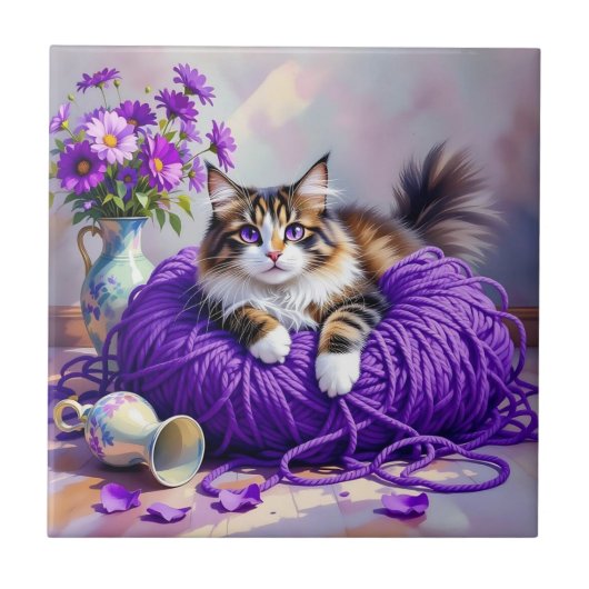 Cat  in Purple Yarn and Flowers   タイル (正面)