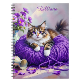 Cat  in Purple Yarn and Flowers Personalized ノートブック