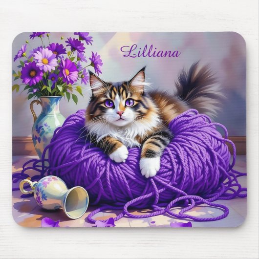 Cat  in Purple Yarn and Flowers Personalized マウスパッド (正面)
