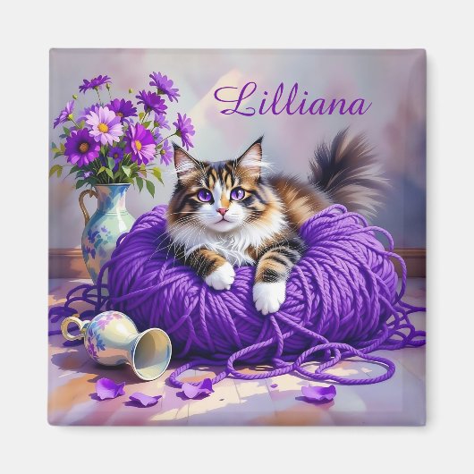 Cat  in Purple Yarn and Flowers Personalized マグネット (正面)