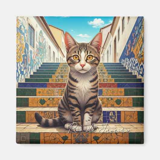 Cat in Rio de Janeiro Lapa Escadaria Selaron Steps マグネット (正面)