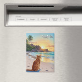 Cat in Seychelles AnseソースDargentビーチ マグネット (インサイチュ (食洗機))