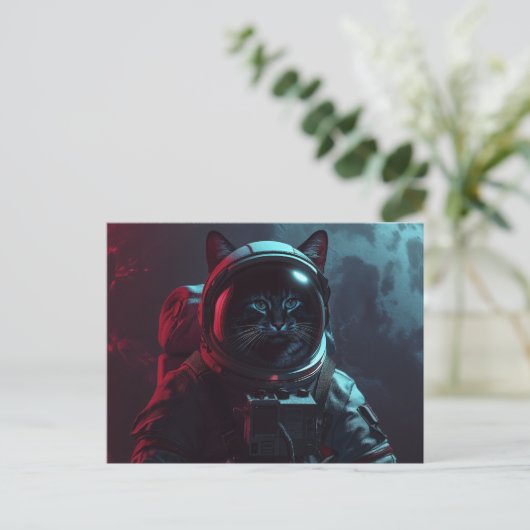 Cat in Space with Space Suit and Moon ポストカード (スタンド正面)