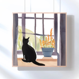 Cat in Windowsill   シルエット水色 ポスター
