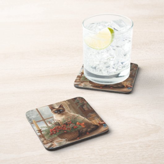 Cat is arranging Christmas Flowers コースター (右側)