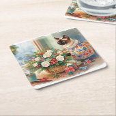 Cat is arranging Christmas Flowers スクエアペーパーコースター (アングル)