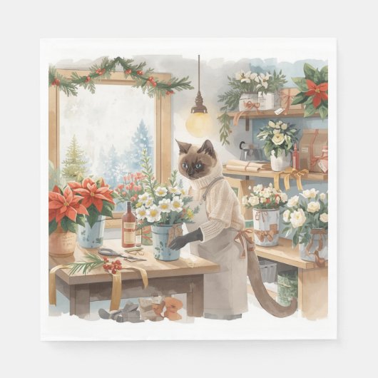 Cat is arranging Christmas Flowers スタンダードランチョンナプキン (正面)