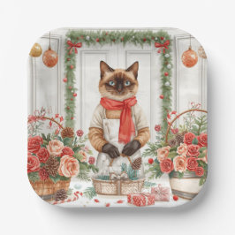 Cat is arranging Christmas Flowers ペーパープレート