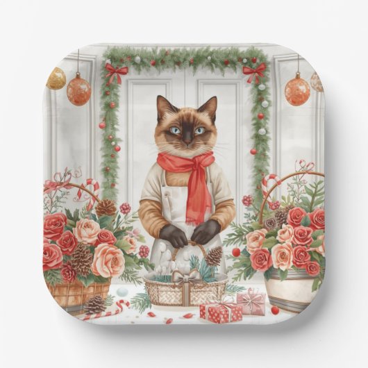 Cat is arranging Christmas Flowers ペーパープレート (正面)