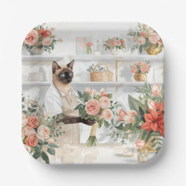Cat is arranging Christmas Flowers ペーパープレート