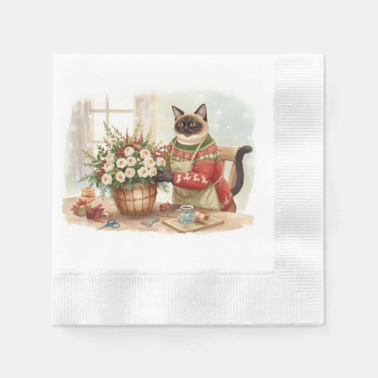 Cat is arranging Christmas Flowers 縁ありカクテルナプキン (正面)