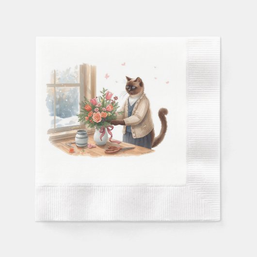 Cat is arranging Christmas Flowers 縁ありカクテルナプキン (正面)