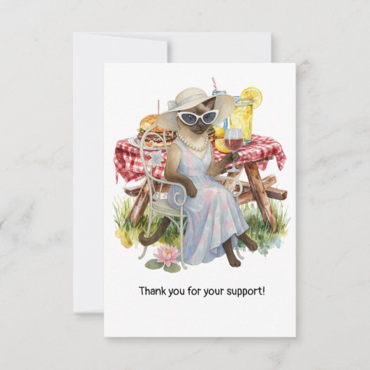 Cat is drinking wine with picnic food background サンキューカード (正面)