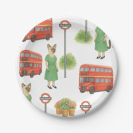 Cat is in London England with Double Decker Bus ペーパープレート