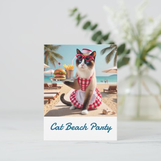 Cat is serving hamburger for beach party ポストカード (スタンド正面)