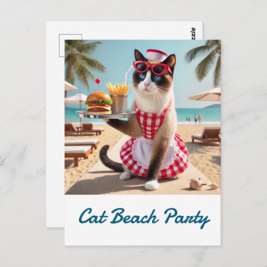 Cat is serving hamburger for beach party ポストカード (正面/裏面)