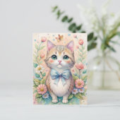 Cat Kitten Pastel Bow Wildflowers ポストカード (スタンド正面)