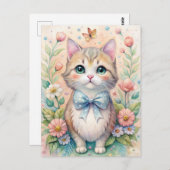 Cat Kitten Pastel Bow Wildflowers ポストカード (正面/裏面)