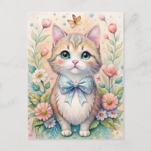 Cat Kitten Pastel Bow Wildflowers ポストカード (正面)